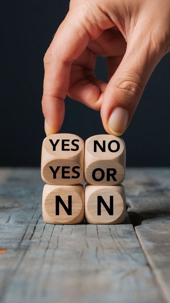 hand picking wooden cubes with text yes no