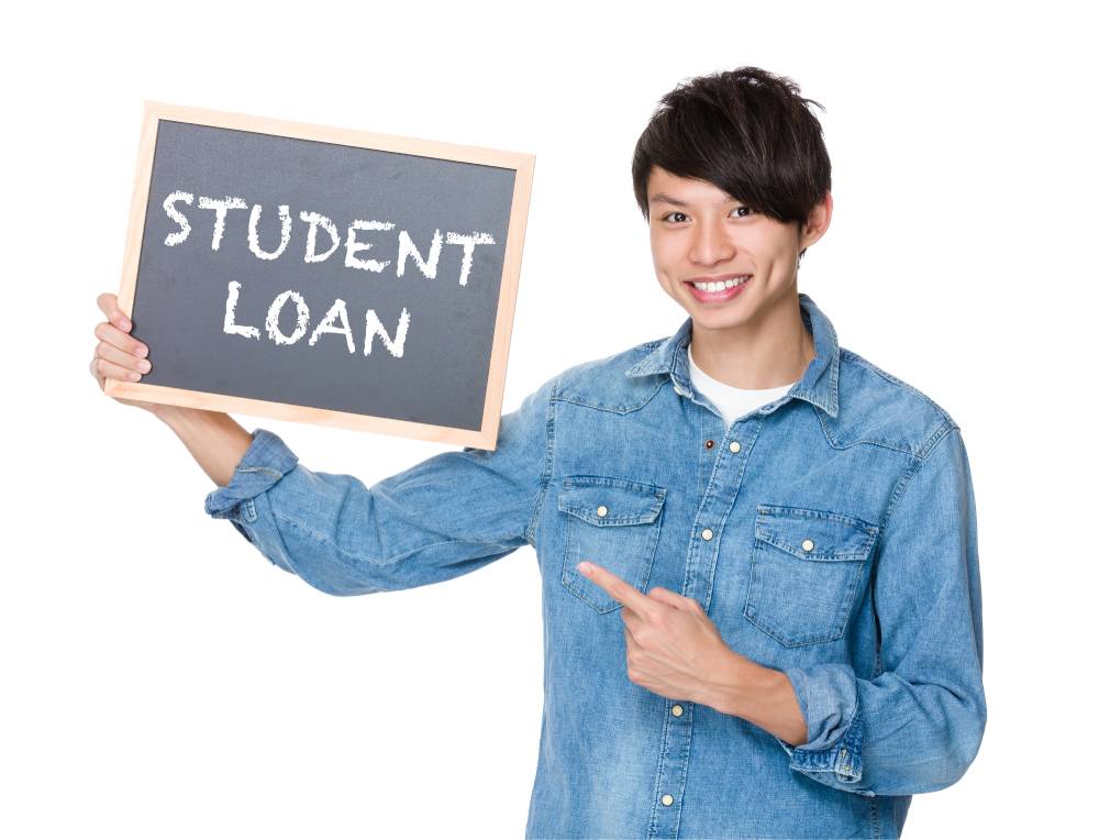 asian man finger point chalkboard showing phrase student loan