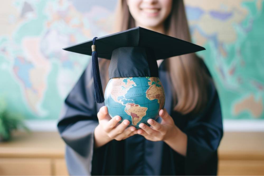 hand holding graduation cap graduation student globe