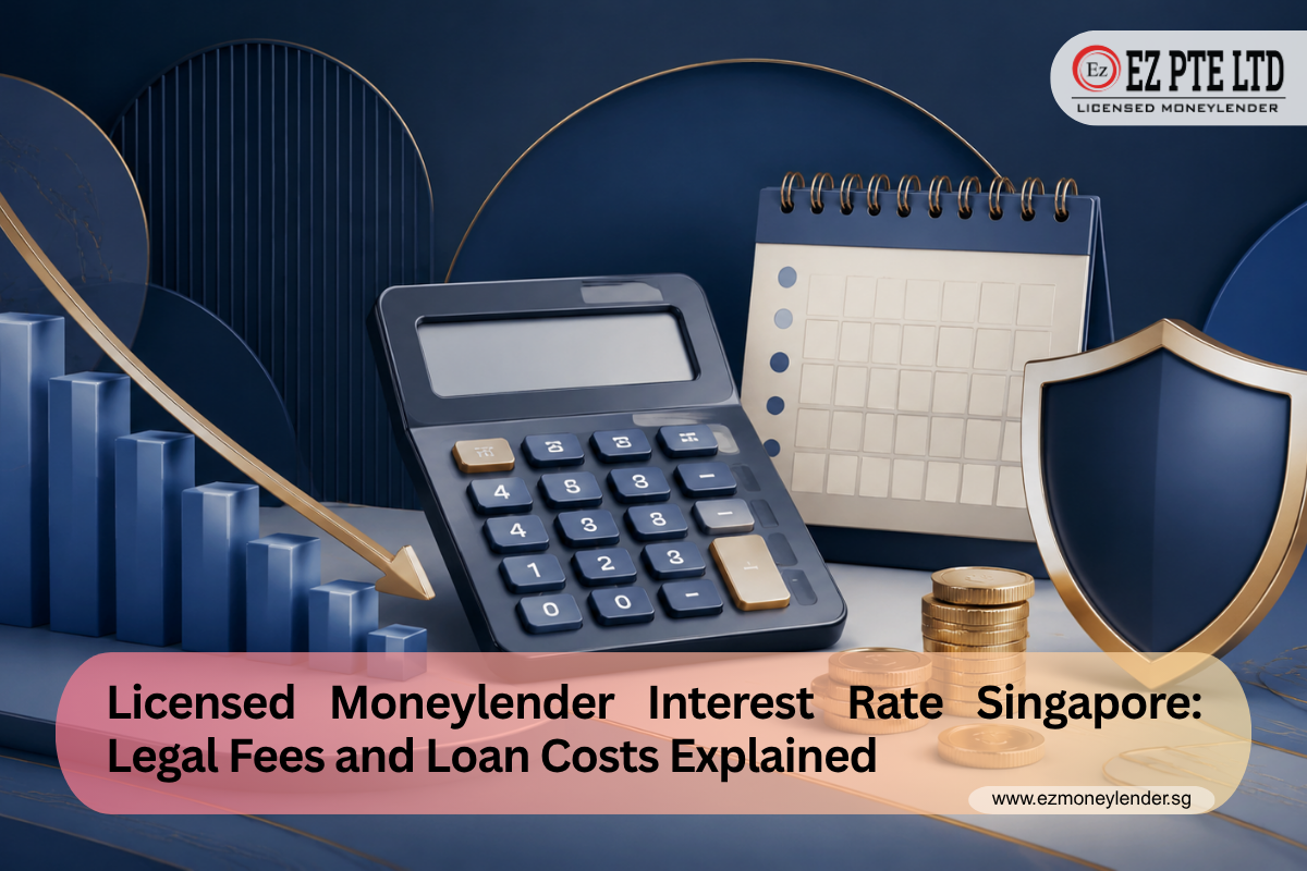 Calculator, declining repayment chart, calendar and protective shield illustrating licensed moneylender interest rates in Singapore.