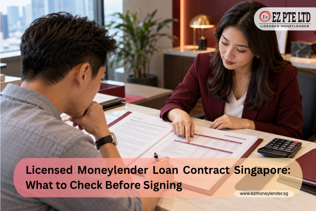 Licensed Moneylender Loan Contract Singapore: What to Check Before Signing 1 Borrower reviewing a licensed moneylender loan contract and repayment schedule in Singapore.