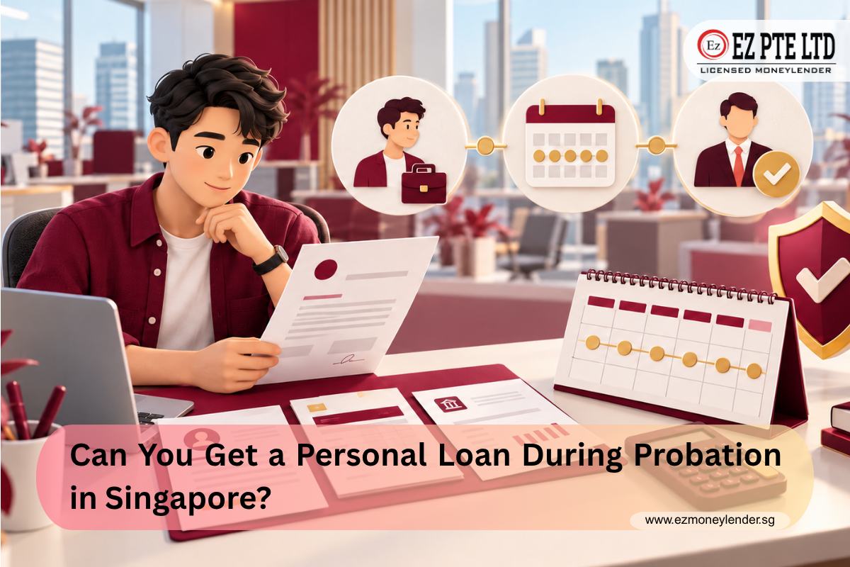 New employee reviewing income documents and planning loan repayments during probation in Singapore.